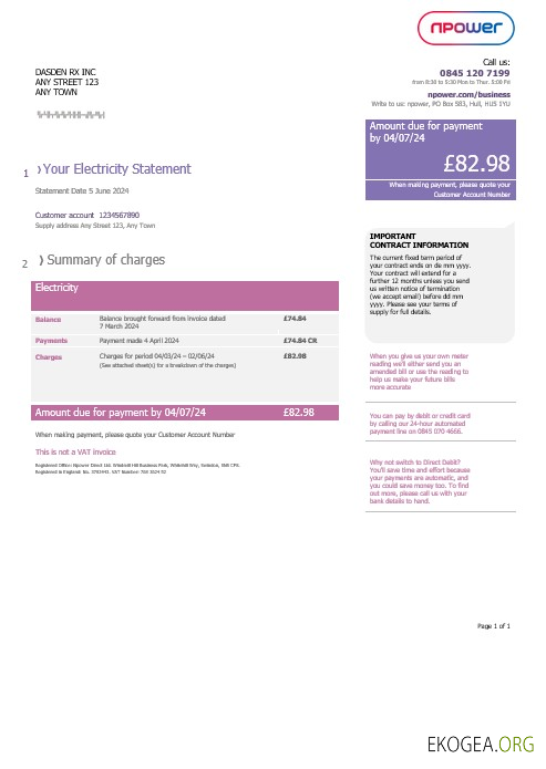 Facture de services publics Npower du Royaume Uni, modèle Word et PDF